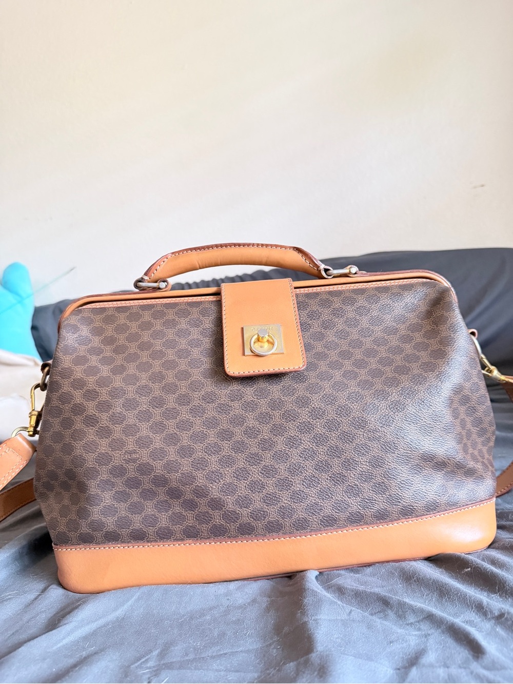 Celine Brown Monogram Doctor Bag with Tan Leather Accents